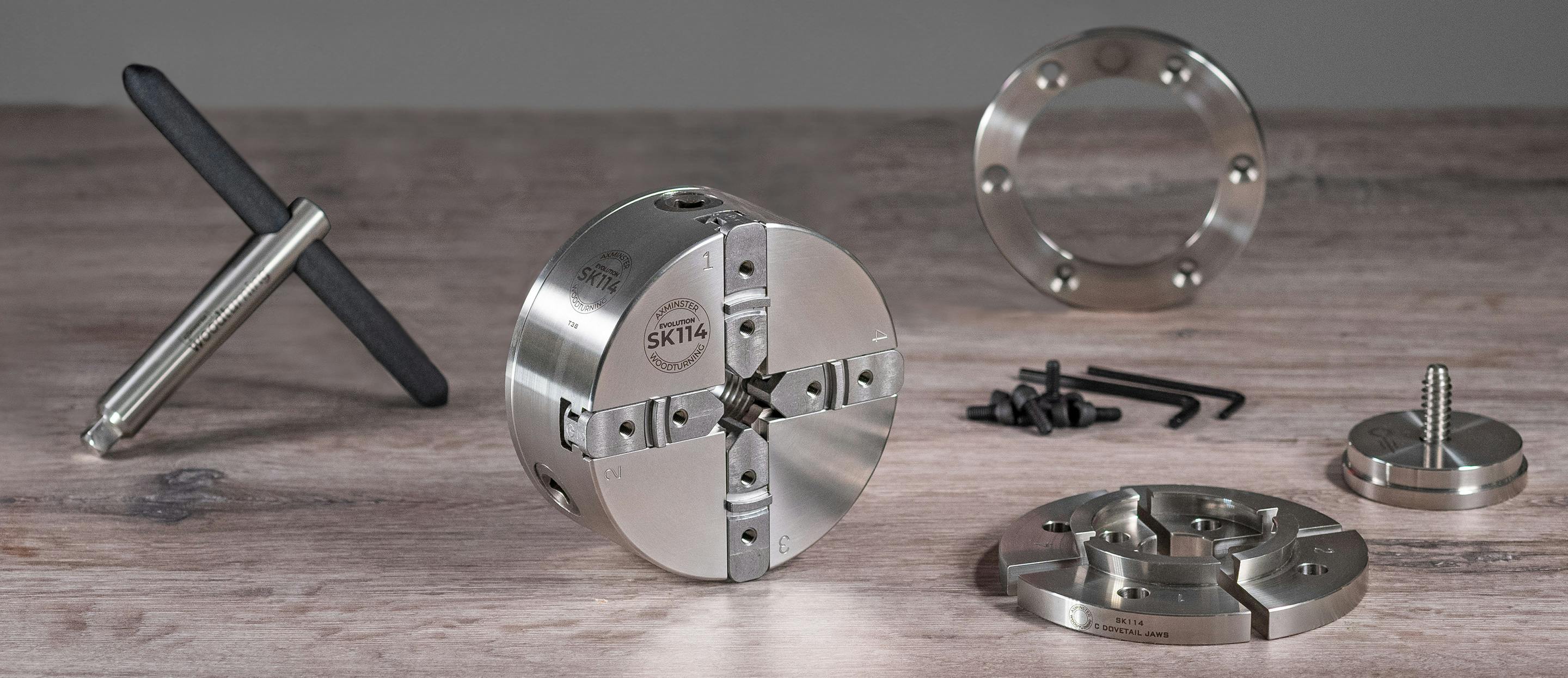 Chuck, C dovetail jaws, faceplate ring, screw chuck, key and accessory mounting jaws
